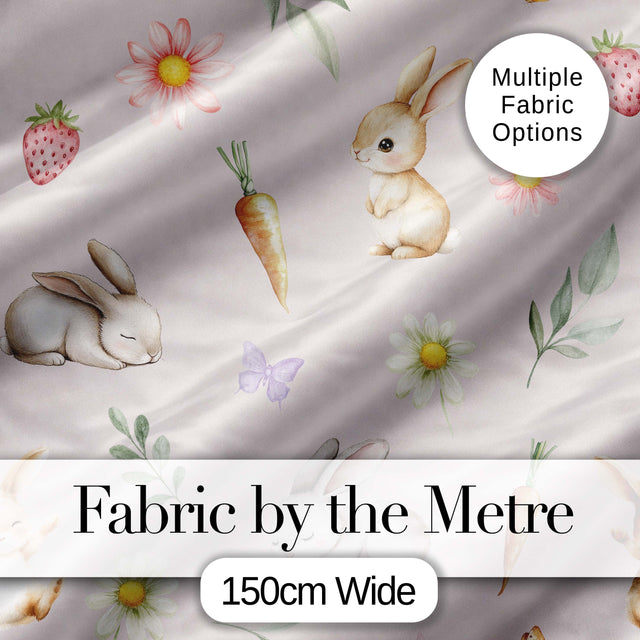Cute Bunny Rabbits with Flowers Carrots and Butterflies Blush Pink Background   Digital Print Fabric by the Metre UK Sewing Quilting Textile