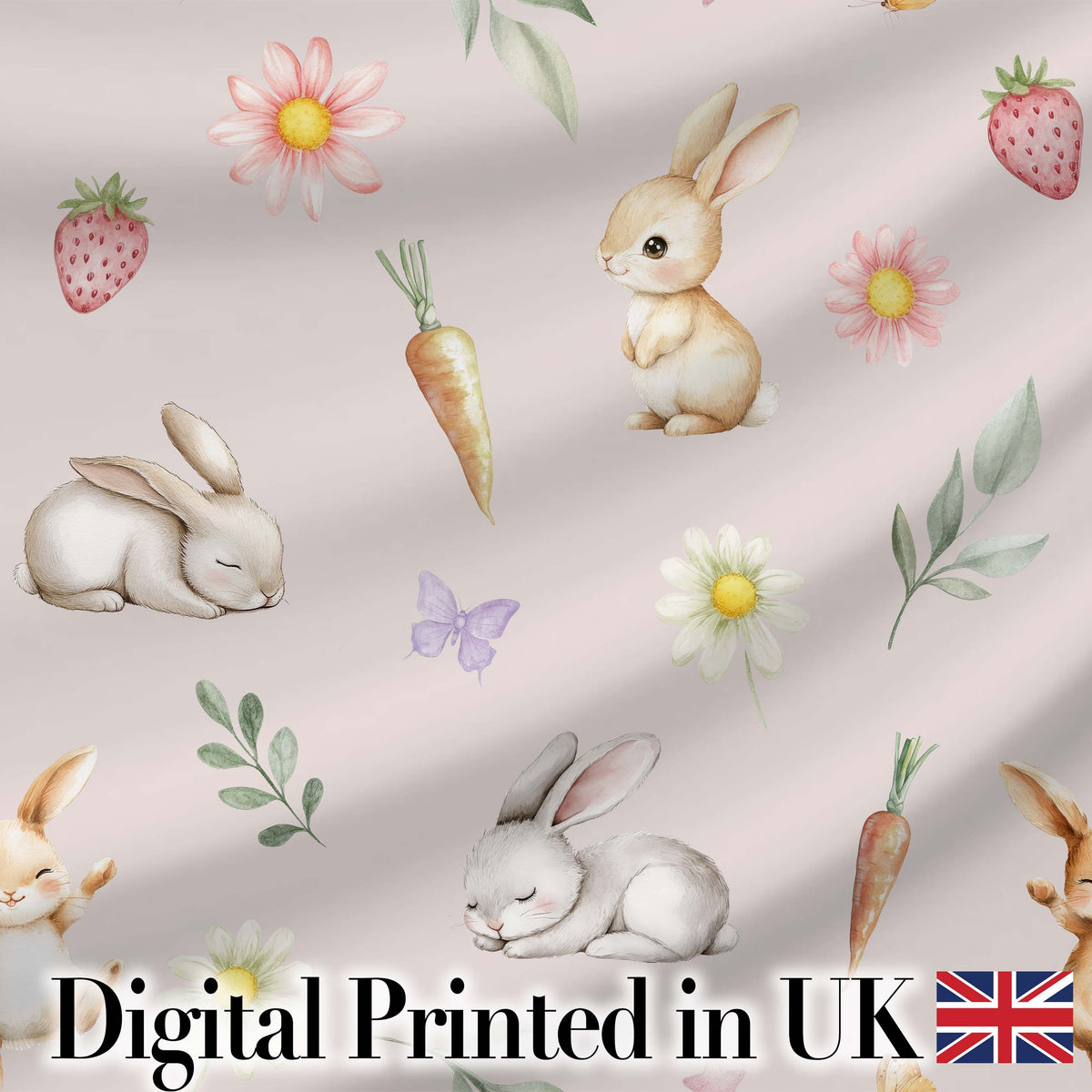 Cute Bunny Rabbits with Flowers Carrots and Butterflies Blush Pink Background   Digital Print Fabric by the Metre UK Sewing Quilting Textile