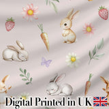 Cute Bunny Rabbits with Flowers Carrots and Butterflies Blush Pink Background   Digital Print Fabric by the Metre UK Sewing Quilting Textile