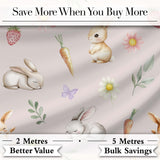 Cute Bunny Rabbits with Flowers Carrots and Butterflies Blush Pink Background   Digital Print Fabric by the Metre UK Sewing Quilting Textile