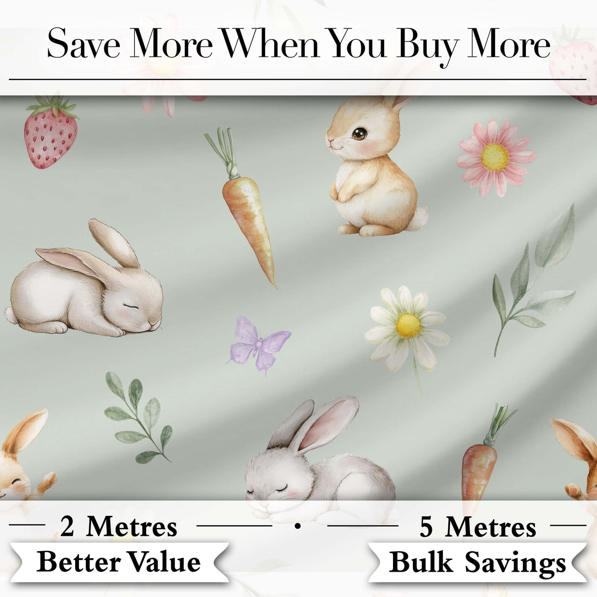 Cute Bunny Rabbits with Flowers Carrots and Butterflies Sage Green Background   Digital Print Fabric by the Metre UK Sewing Quilting Textile