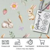 Cute Bunny Rabbits with Flowers Carrots and Butterflies Sage Green Background   Digital Print Fabric by the Metre UK Sewing Quilting Textile