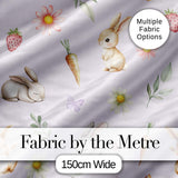 Bunny Rabbits with Flowers Carrots and Butterflies Soft Lilac Background  Digital Print Fabric by the Metre UK Sewing Quilting Textile