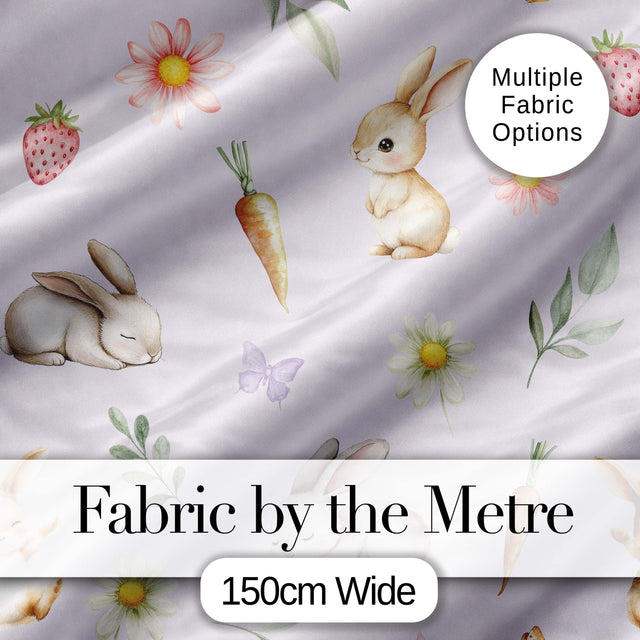 Bunny Rabbits with Flowers Carrots and Butterflies Soft Lilac Background  Digital Print Fabric by the Metre UK Sewing Quilting Textile
