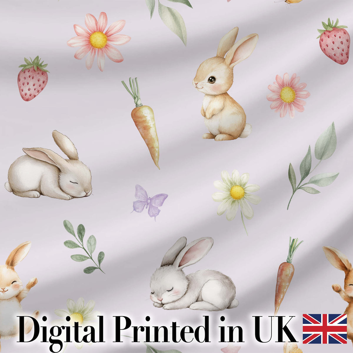 Bunny Rabbits with Flowers Carrots and Butterflies Soft Lilac Background  Digital Print Fabric by the Metre UK Sewing Quilting Textile