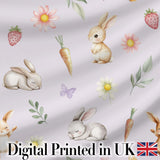 Bunny Rabbits with Flowers Carrots and Butterflies Soft Lilac Background  Digital Print Fabric by the Metre UK Sewing Quilting Textile