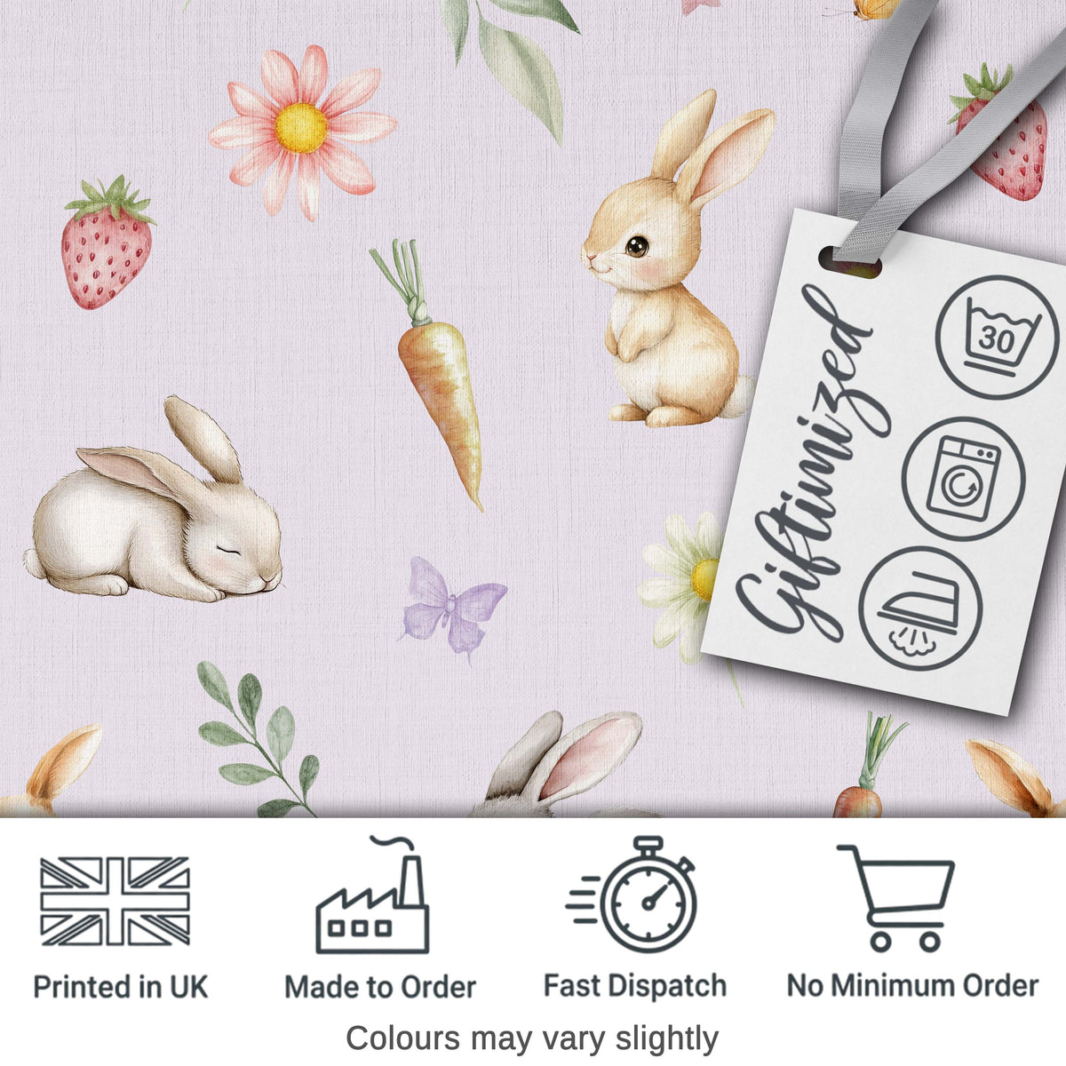 Bunny Rabbits with Flowers Carrots and Butterflies Soft Lilac Background  Digital Print Fabric by the Metre UK Sewing Quilting Textile
