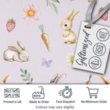 Bunny Rabbits with Flowers Carrots and Butterflies Soft Lilac Background  Digital Print Fabric by the Metre UK Sewing Quilting Textile