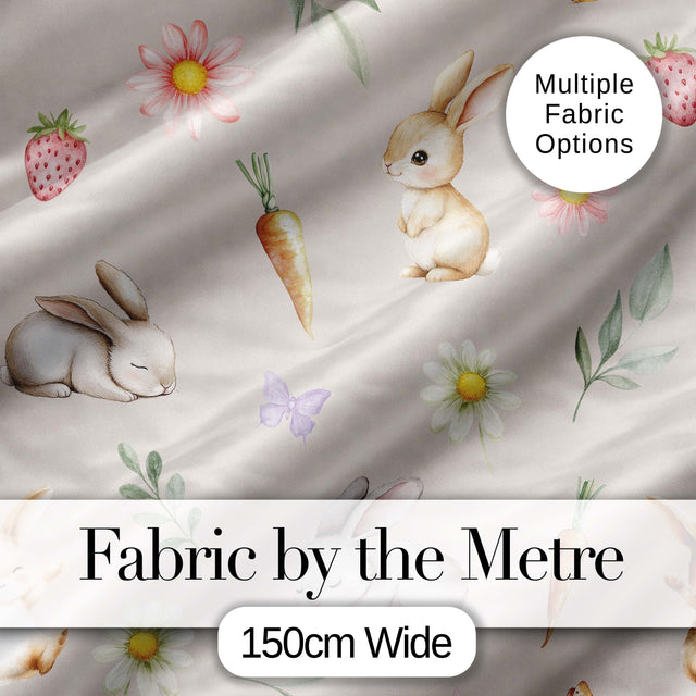 Bunny Rabbits with Flowers Carrots and Butterflies Warm Beige Background  Digital Print Fabric by the Metre UK Sewing Quilting Textile