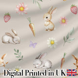 Bunny Rabbits with Flowers Carrots and Butterflies Warm Beige Background  Digital Print Fabric by the Metre UK Sewing Quilting Textile