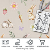 Bunny Rabbits with Flowers Carrots and Butterflies Warm Beige Background  Digital Print Fabric by the Metre UK Sewing Quilting Textile