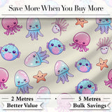 Kawaii Jellyfish Starfish and Sea Creatures Pastel Beige Background   Digital Print Fabric by the Metre UK Sewing Quilting Textile