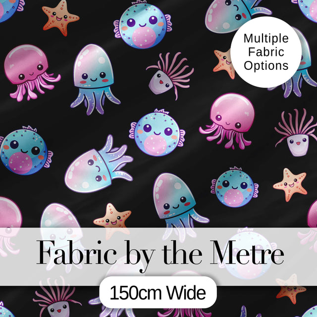 Kawaii Jellyfish Starfish and Cute Sea Creatures Black Background   Digital Print Fabric by the Metre UK Sewing Quilting Textile