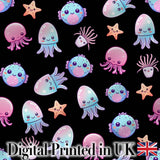 Kawaii Jellyfish Starfish and Cute Sea Creatures Black Background   Digital Print Fabric by the Metre UK Sewing Quilting Textile