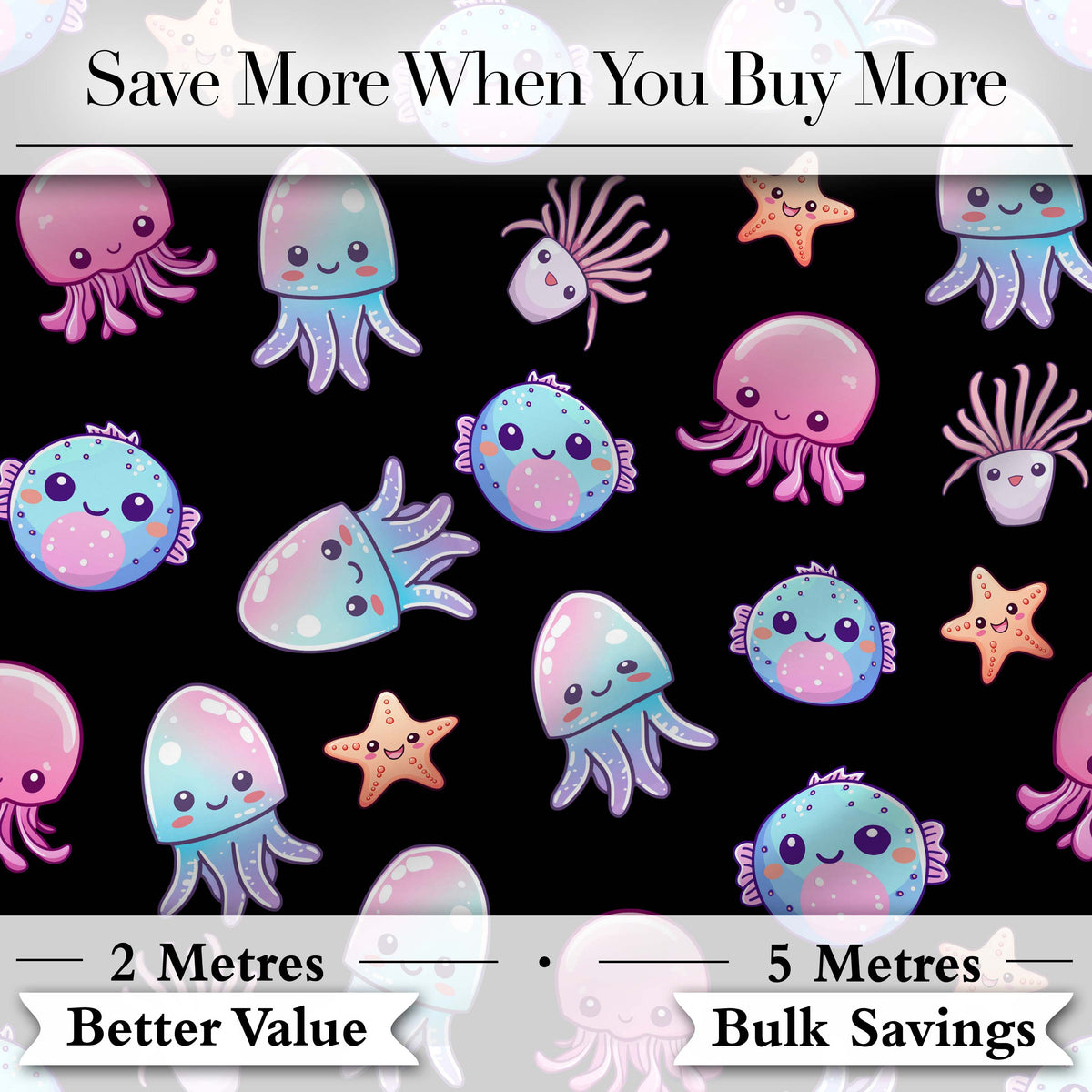 Kawaii Jellyfish Starfish and Cute Sea Creatures Black Background   Digital Print Fabric by the Metre UK Sewing Quilting Textile