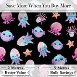 Kawaii Jellyfish Starfish and Cute Sea Creatures Black Background   Digital Print Fabric by the Metre UK Sewing Quilting Textile
