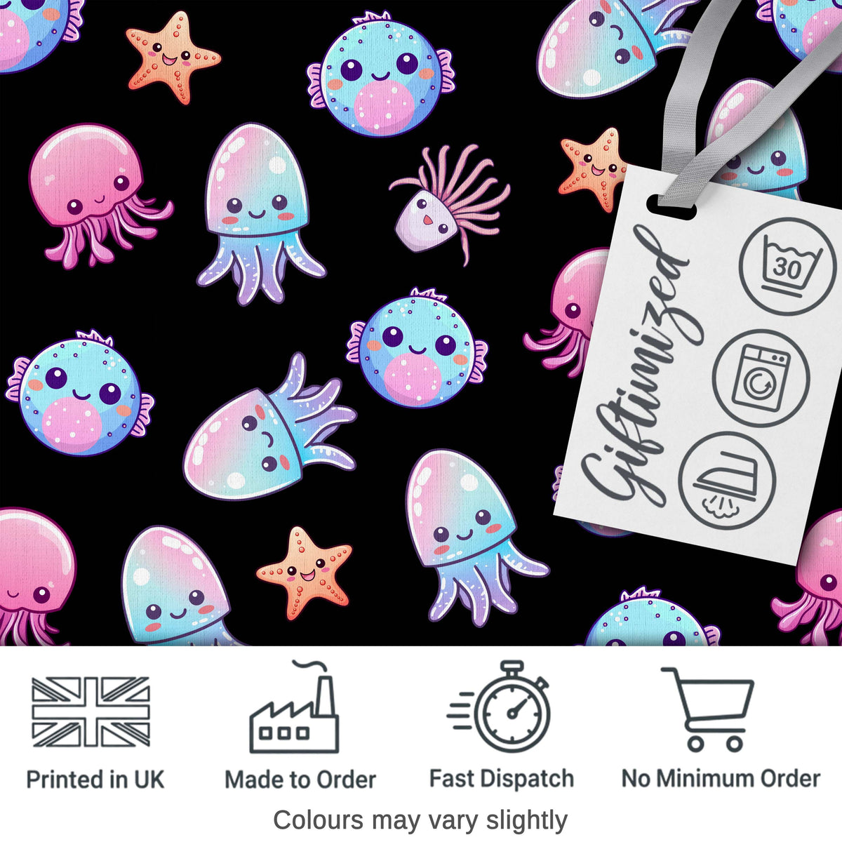 Kawaii Jellyfish Starfish and Cute Sea Creatures Black Background   Digital Print Fabric by the Metre UK Sewing Quilting Textile