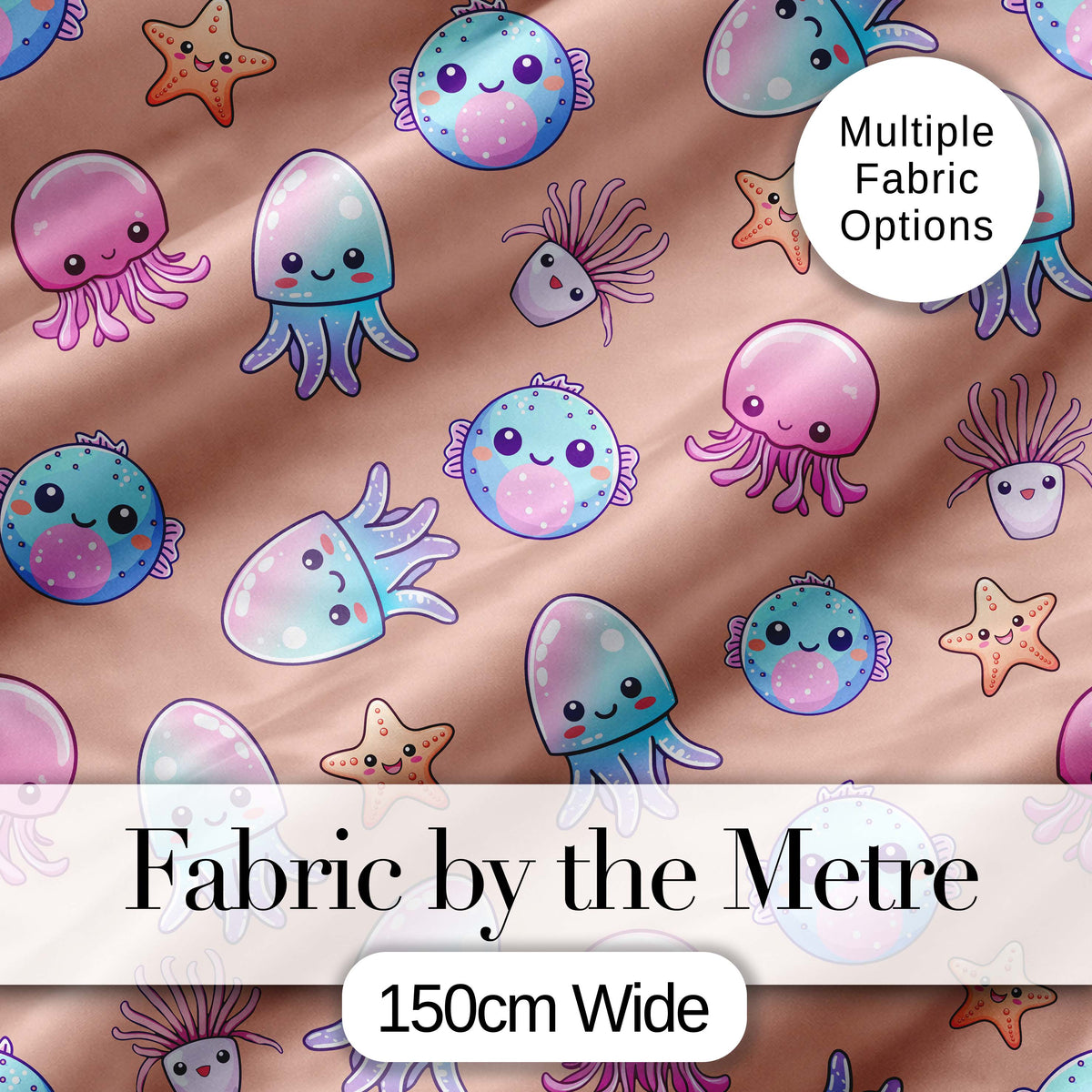 Kawaii Jellyfish Starfish and Sea Creatures Warm Peach Background   Digital Print Fabric by the Metre UK Sewing Quilting Textile