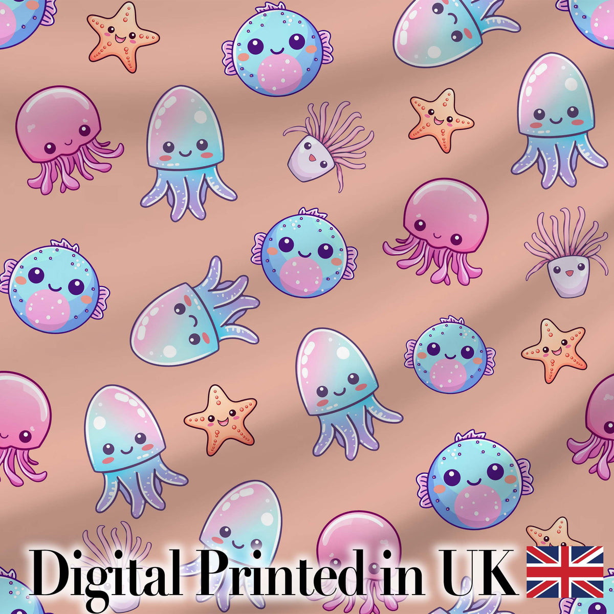 Kawaii Jellyfish Starfish and Sea Creatures Warm Peach Background   Digital Print Fabric by the Metre UK Sewing Quilting Textile