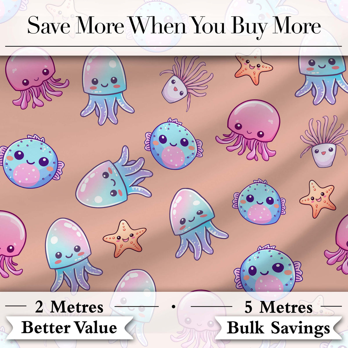 Kawaii Jellyfish Starfish and Sea Creatures Warm Peach Background   Digital Print Fabric by the Metre UK Sewing Quilting Textile