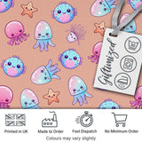 Kawaii Jellyfish Starfish and Sea Creatures Warm Peach Background   Digital Print Fabric by the Metre UK Sewing Quilting Textile
