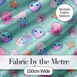 Kawaii Jellyfish Starfish and  Sea Creatures Mint Green Background   Digital Print Fabric by the Metre UK Sewing Quilting Textile