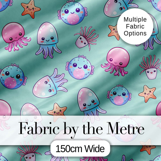 Kawaii Jellyfish Starfish and  Sea Creatures Mint Green Background   Digital Print Fabric by the Metre UK Sewing Quilting Textile