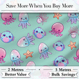 Kawaii Jellyfish Starfish and  Sea Creatures Mint Green Background   Digital Print Fabric by the Metre UK Sewing Quilting Textile