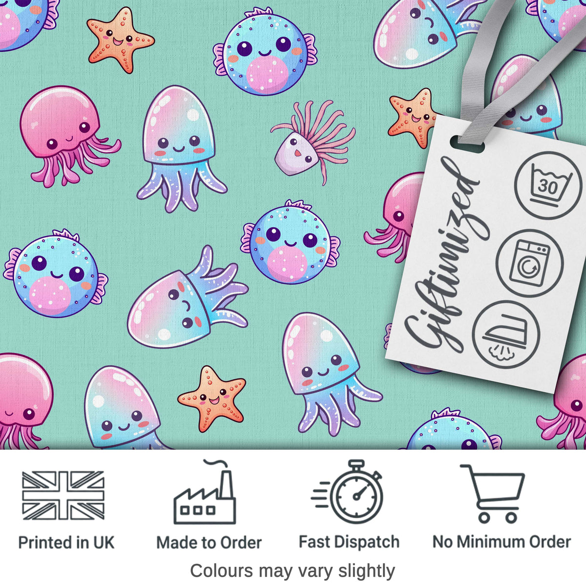 Kawaii Jellyfish Starfish and  Sea Creatures Mint Green Background   Digital Print Fabric by the Metre UK Sewing Quilting Textile