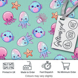 Kawaii Jellyfish Starfish and  Sea Creatures Mint Green Background   Digital Print Fabric by the Metre UK Sewing Quilting Textile