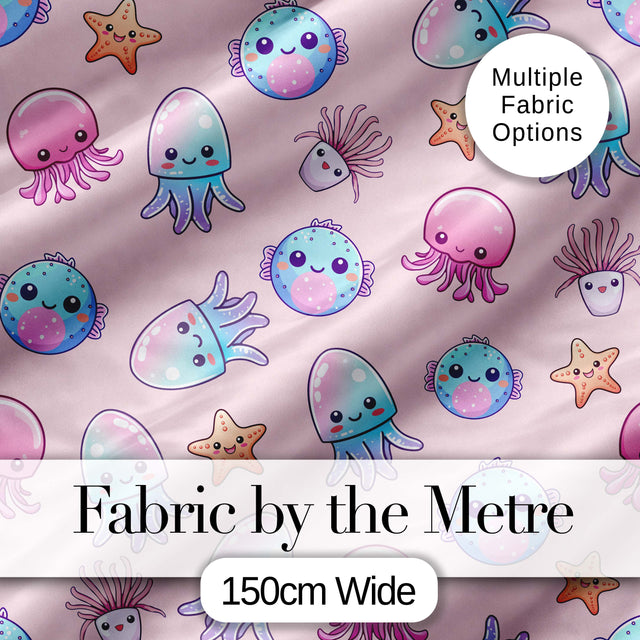 Jellyfish Starfish and Cute Sea Creatures Soft Blush Pink Background   Digital Print Fabric by the Metre UK Sewing Quilting Textile