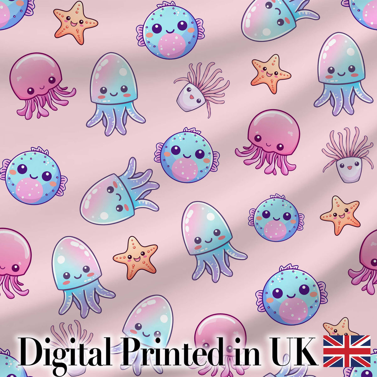 Jellyfish Starfish and Cute Sea Creatures Soft Blush Pink Background   Digital Print Fabric by the Metre UK Sewing Quilting Textile