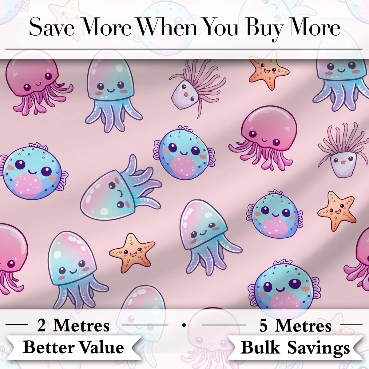 Jellyfish Starfish and Cute Sea Creatures Soft Blush Pink Background   Digital Print Fabric by the Metre UK Sewing Quilting Textile
