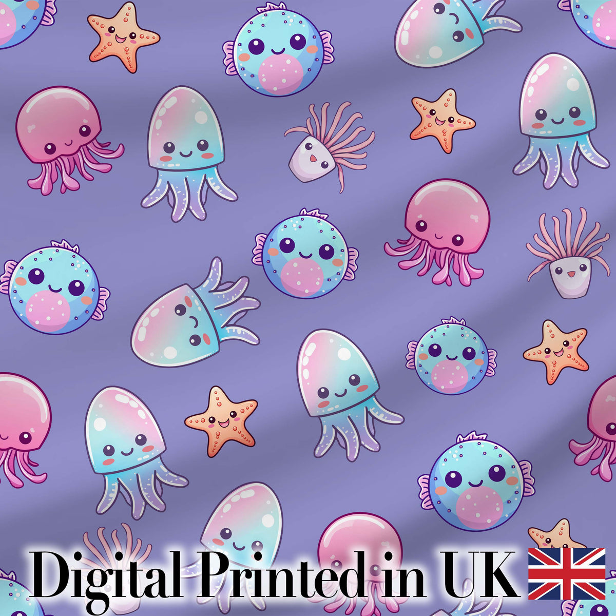 Jellyfish Starfish and Cute Sea Creatures Lavender Purple Background   Digital Print Fabric by the Metre UK Sewing Quilting Textile