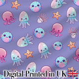 Jellyfish Starfish and Cute Sea Creatures Lavender Purple Background   Digital Print Fabric by the Metre UK Sewing Quilting Textile