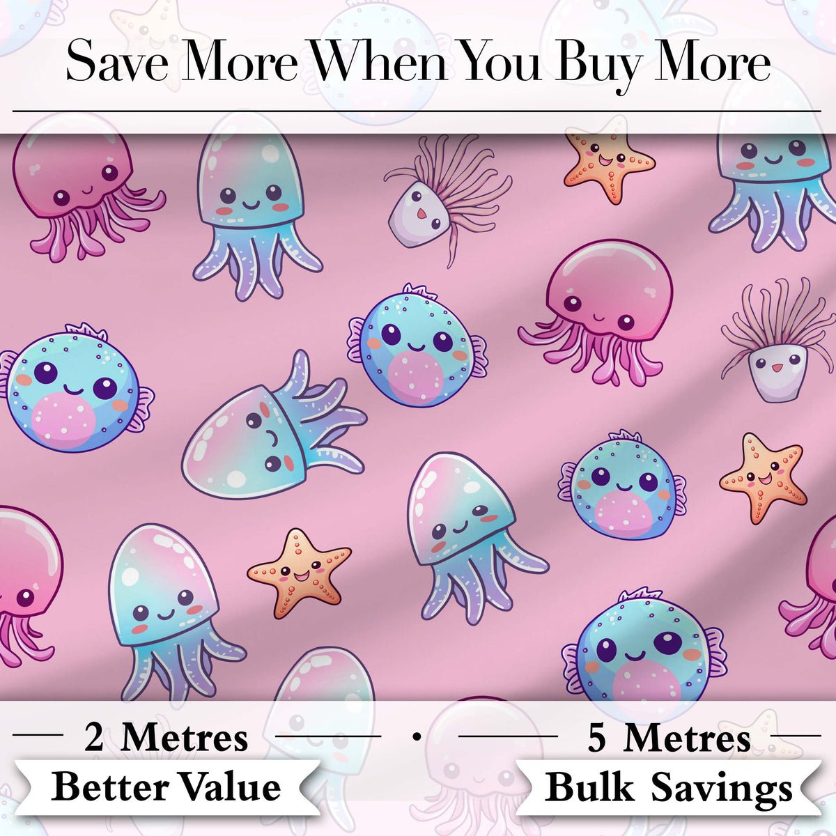 Kawaii Jellyfish Starfish and Cute Sea Creatures Warm Pink Background   Digital Print Fabric by the Metre UK Sewing Quilting Textile