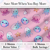 Kawaii Jellyfish Starfish and Cute Sea Creatures Warm Pink Background   Digital Print Fabric by the Metre UK Sewing Quilting Textile