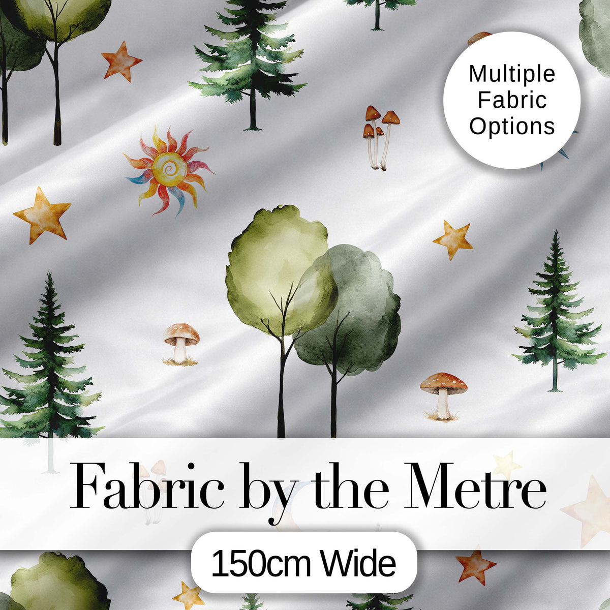 Watercolour Forest Trees Mushrooms Sun Moon and Stars Woodland Seamless Pattern Digital Print Fabric by the Metre UK Sewing Quilting Textile
