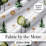 Watercolour Forest Trees Mushrooms Sun Moon and Stars Woodland Seamless Pattern Digital Print Fabric by the Metre UK Sewing Quilting Textile