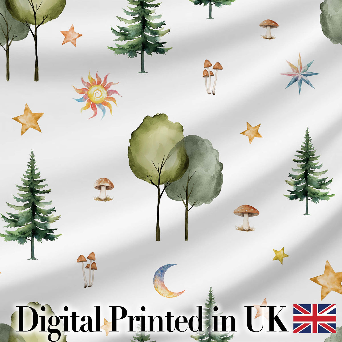 Watercolour Forest Trees Mushrooms Sun Moon and Stars Woodland Seamless Pattern Digital Print Fabric by the Metre UK Sewing Quilting Textile