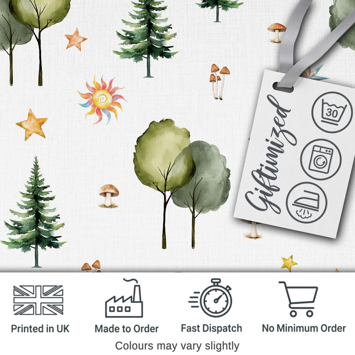 Watercolour Forest Trees Mushrooms Sun Moon and Stars Woodland Seamless Pattern Digital Print Fabric by the Metre UK Sewing Quilting Textile