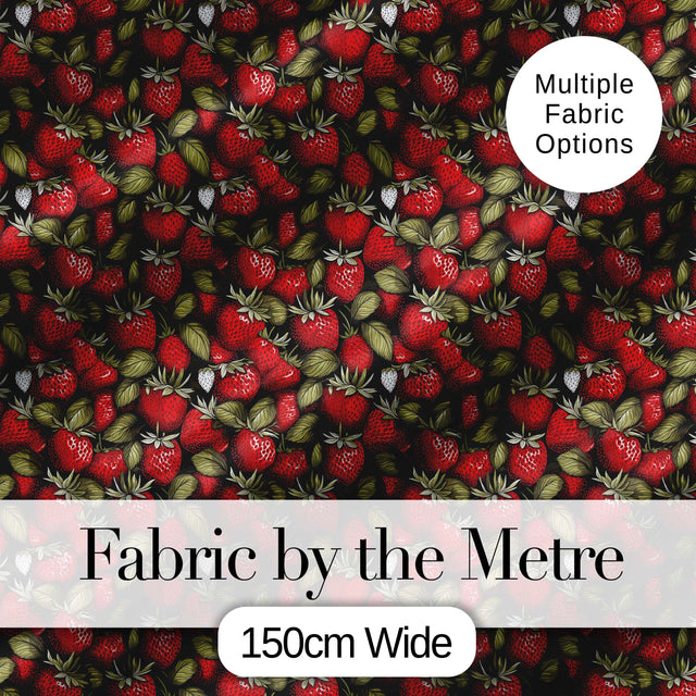 Dense Vintage Strawberries and Foliage on Black Background Seamless Pattern Digital Print Fabric by the Metre UK Sewing Quilting Textile