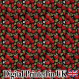 Dense Vintage Strawberries and Foliage on Black Background Seamless Pattern Digital Print Fabric by the Metre UK Sewing Quilting Textile