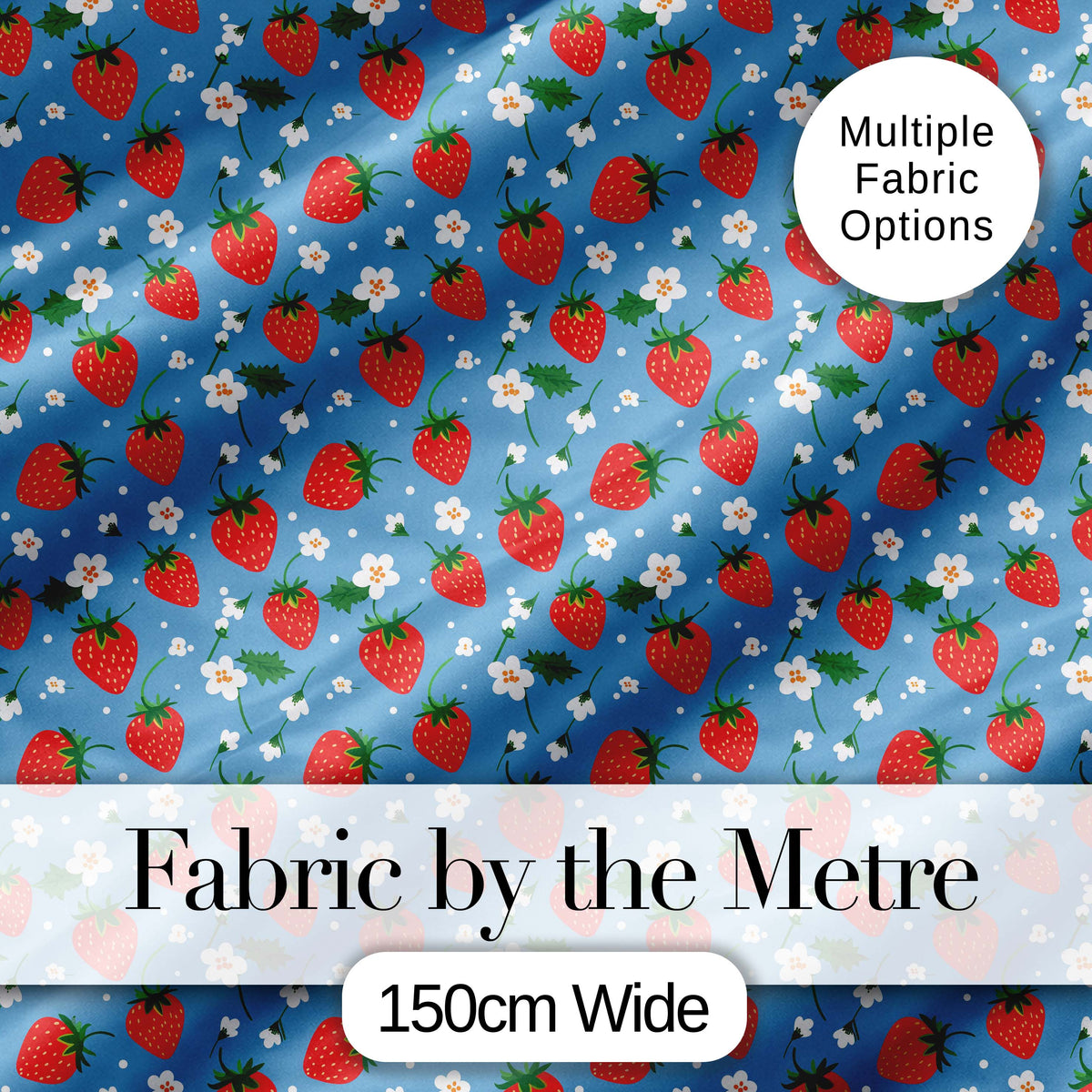 Cute Simple Strawberries and Flowers on Blue Background Seamless Pattern Digital Print Fabric by the Metre UK Sewing Quilting Textile
