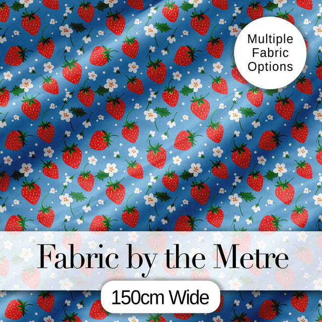 Cute Simple Strawberries and Flowers on Blue Background Seamless Pattern Digital Print Fabric by the Metre UK Sewing Quilting Textile