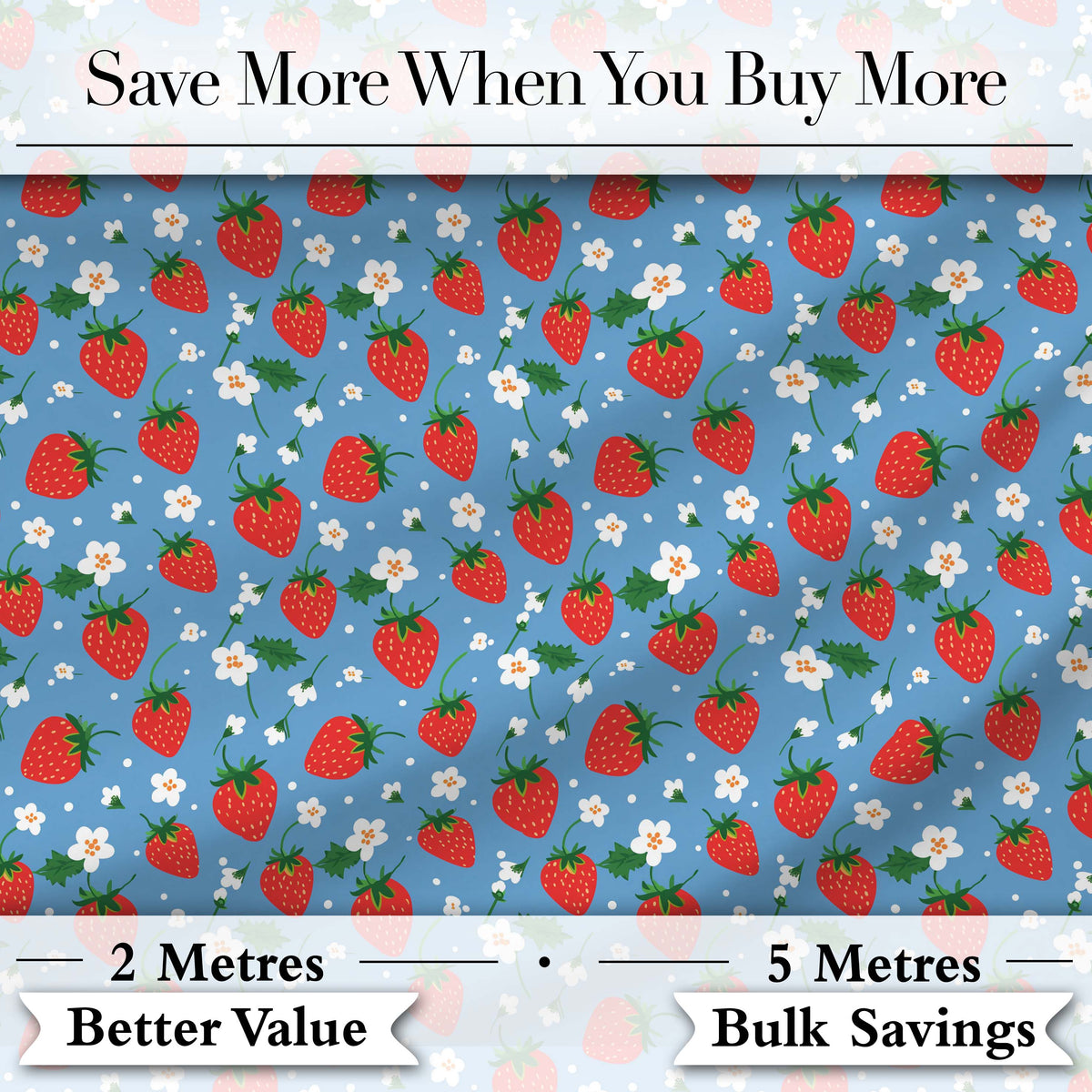 Cute Simple Strawberries and Flowers on Blue Background Seamless Pattern Digital Print Fabric by the Metre UK Sewing Quilting Textile