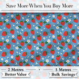 Cute Simple Strawberries and Flowers on Blue Background Seamless Pattern Digital Print Fabric by the Metre UK Sewing Quilting Textile