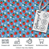 Cute Simple Strawberries and Flowers on Blue Background Seamless Pattern Digital Print Fabric by the Metre UK Sewing Quilting Textile
