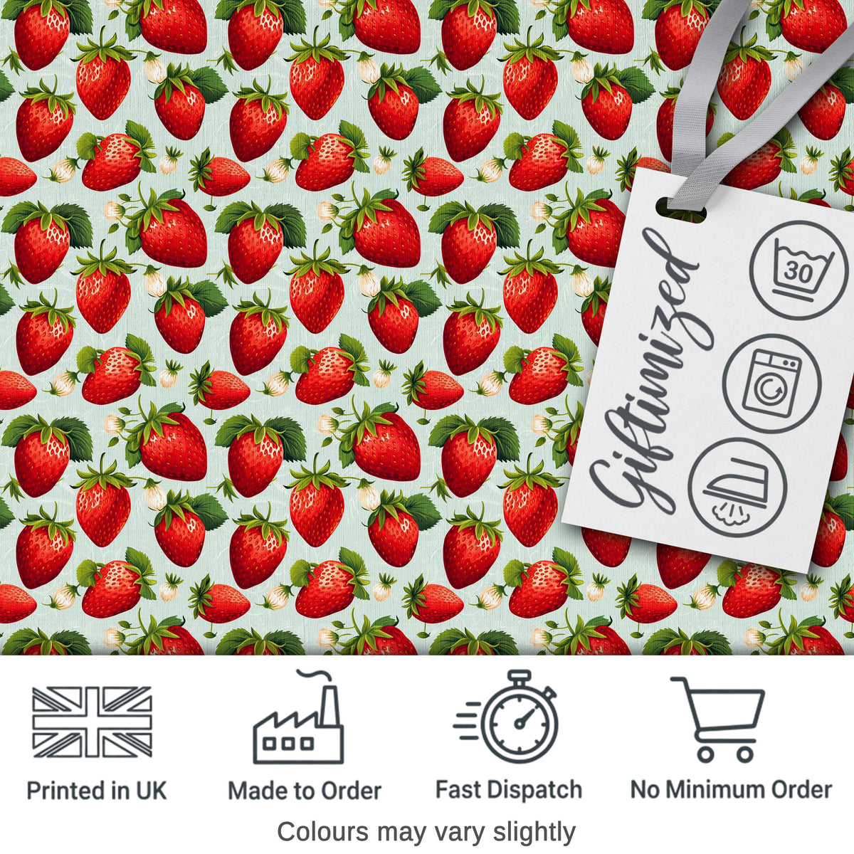 Fresh Strawberries and Leaves on Soft Sage Green Background Seamless Pattern Digital Print Fabric by the Metre UK Sewing Quilting Textile