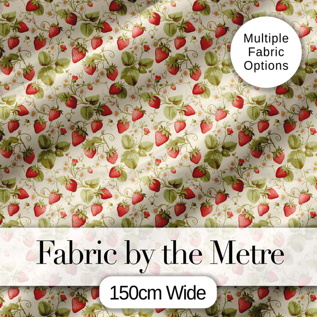 Vintage Strawberries Flowers and Leaves on Cream Background Seamless Pattern Digital Print Fabric by the Metre UK Sewing Quilting Textile